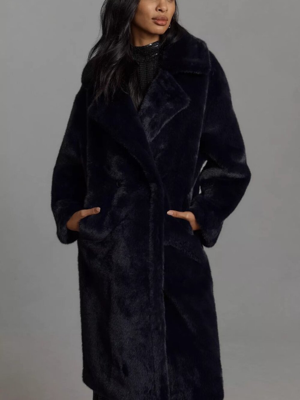 Avec Les Filles Luxe Long Faux Fur Walker Coat Navy